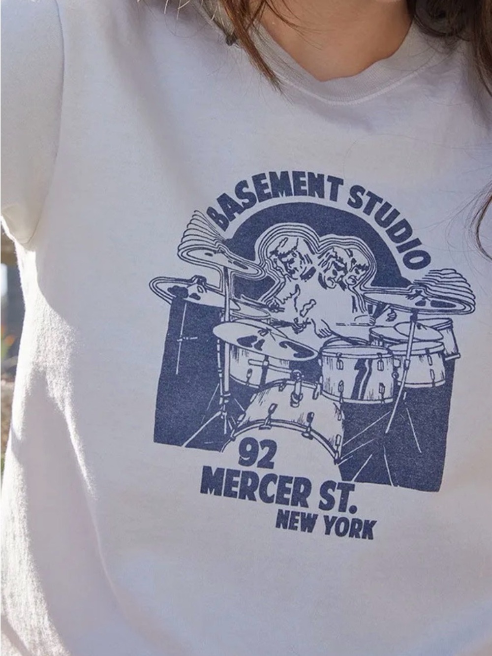 Brandy Melville White Tee with Navy Drum Graphic